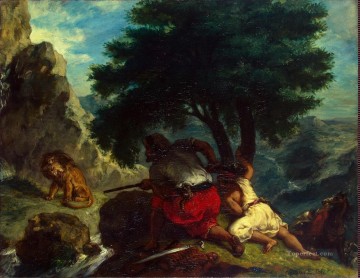 Delacroix Eugene Lion Hunt au Maroc Peinture à l'huile